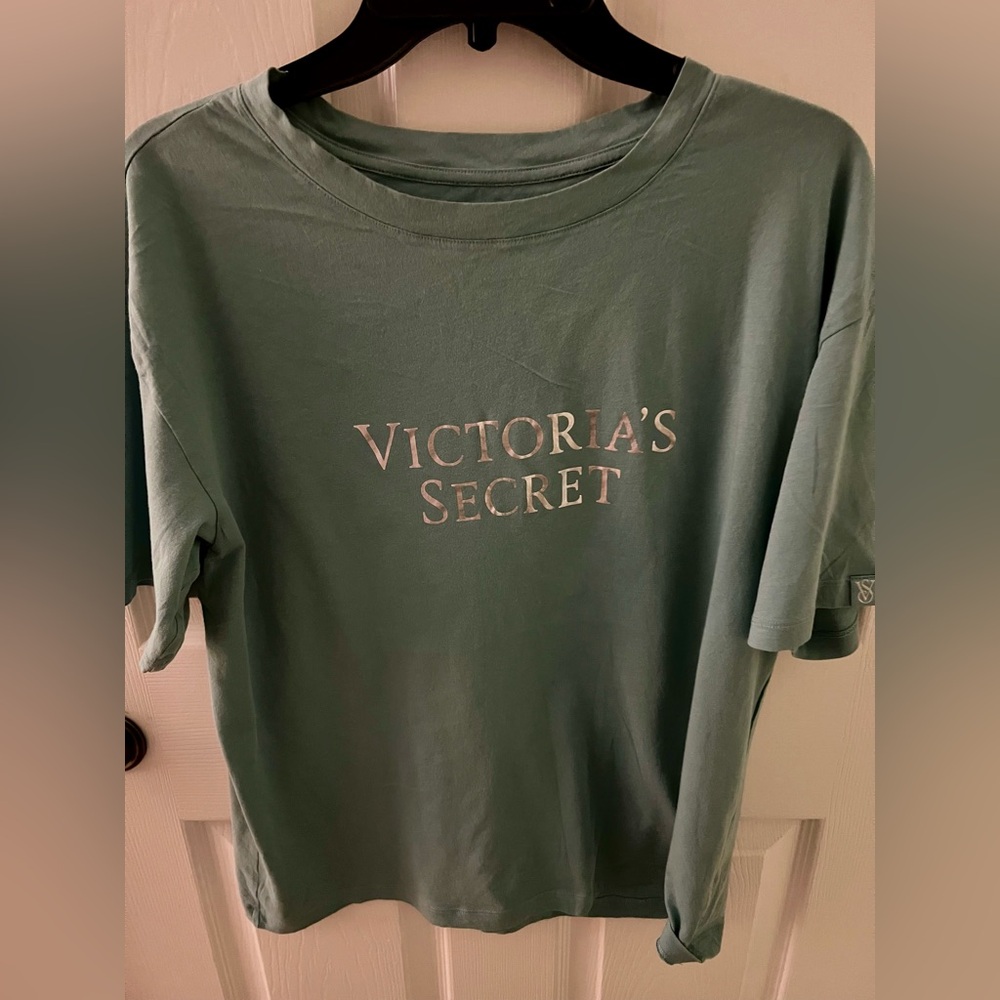 Victoria's Secret 100% Cotton Top Sage Green Logo Tee, Boxer Bottom Pajamas